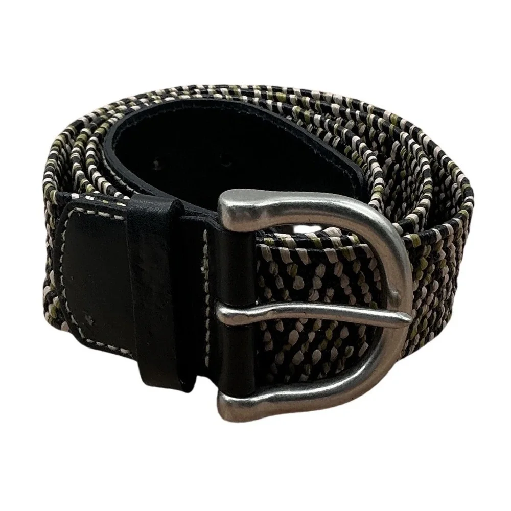 Mens Braided Stretch Belt 2XL Olive Green Black White Woven Elastic Buckle